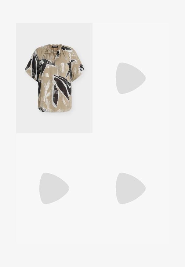 Blouse beige à manches courtes avec un imprimé floral abstrait noir et blanc et un petit nœud devant au col rond.; Jupe trapèze marron foncé avec des rayures noires diagonales, longueur midi, et une ceinture simple.; Escarpins à bout pointu en similicuir marron avec une texture crocodile, dotés d’un talon fin et angulaire ainsi que d’une doublure intérieure lisse.; Sac à main en cuir marron avec un design froncé, une bandoulière en chaîne dorée et une finition douce et texturée. Sa forme compacte est idéale pour une utilisation en soirée.