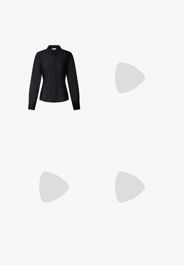 Chemise noire ajustée à manches longues avec devant boutonné et col pointu, taille cintrée et poignets aux manches.; Jean en denim crème, taille haute et jambes larges, avec poches avant et coutures visibles sur un fond uni.; Jambes portant des leggings côtelés foncés associés à des ballerines noires avec de petits détails en nœud sur fond blanc.; Petit sac à main noir brillant avec deux longues anses et des détails à cordon sur les côtés sur un fond clair uni.