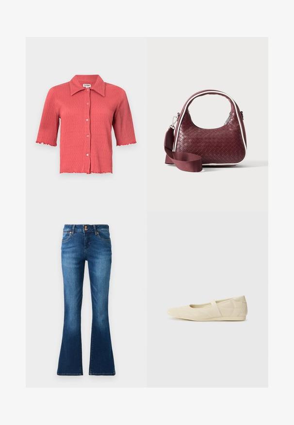 Kurzärmlige, gerippte Bluse in Korallenpink mit spitzem Kragen, Knopfleiste und gewellten Kanten an den Ärmeln und dem Saum. Leichte Textur.; Blaue Denim-Jeans mit ausgestelltem Bein, Fronttaschen, Gürtelschlaufen und doppeltem Knopfverschluss, dargestellt vor einem einfarbigen Hintergrund.; Beige Ballerinas aus glattem Leder mit mandelförmiger Zehenpartie und elastischem Riemen über dem Fußrücken, ausgestattet mit dezenten Nähtelementen.; Dunkelrote gewebte Ledertasche mit gebogenem Griff, weißem Besatz, silbernem Reißverschluss und abnehmbarem breitem Stoff-Schulterriemen vor einfarbigem Hintergrund.
