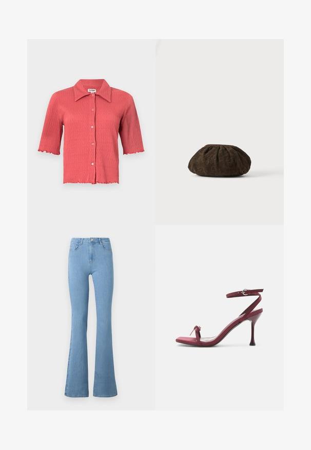 Blusa de manga corta, con canalé, en color rosa coral, con cuello puntiagudo, botones en la parte delantera y bordes festoneados en las mangas y el dobladillo. Textura ligera.; Jeans de mezclilla de tiro alto en un azul claro, con piernas acampanadas, cinco bolsillos, cremallera frontal y cierre de botón metálico.; Sandalia de tacón alto color burdeos con tiras finas, hebilla en el tobillo y un pequeño lazo en la tira delantera.; Boina de tela marrón texturizada con un sutil patrón de encaje floral, recogida en la parte superior, descansando sobre una superficie blanca.