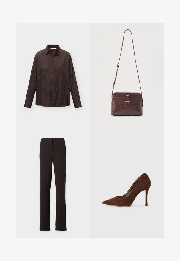 Donkerbruine blouse met lange mouwen en knopen, met een subtiele verticale streepstructuur en een klassieke kraag, afgebeeld op een effen lichte achtergrond.; Zwarte rechte pantalon met riemlussen en voorsluiting met rits, afgebeeld tegen een egaal witte achtergrond. Geen zichtbare patronen of versieringen.; Bruine suède pumps met spitse neus en slanke stiletto-hak, weergegeven op een witte achtergrond.; Bruine leren schoudertas met krokodillenprint, verstelbare band en voorvak met gesp tegen een effen achtergrond.