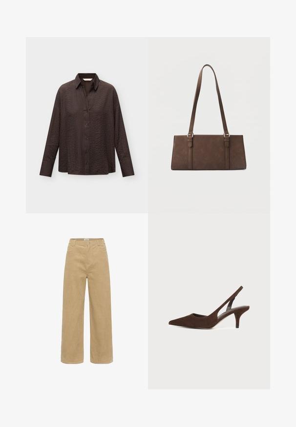 Chemise marron foncé à manches longues boutonnée, avec une texture subtile à rayures verticales et un col classique, présentée sur un fond clair uni.; Pantalons en velours côtelé beige à jambes larges avec passants de ceinture, bouton avant et fermeture éclair, dotés de poches avant sur fond blanc.; Escarpin slingback en daim brun foncé avec bout pointu et talon kitten sur un fond clair uni.; Sac à bandoulière rectangulaire marron avec longues sangles et détails de couture minimalistes sur un fond uni.