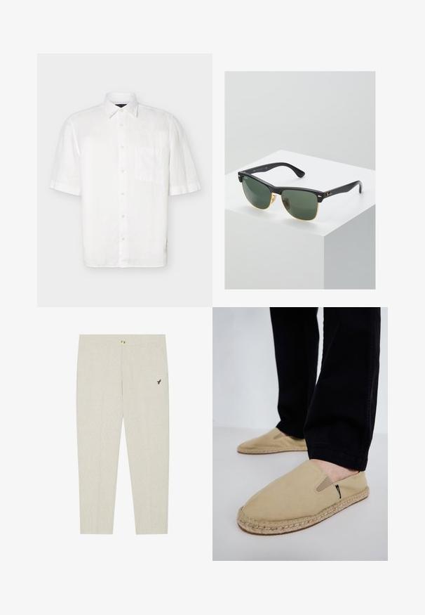 Chemise blanche à manches courtes avec col pointu et poche poitrine, présentée sur un fond clair uni.; Pantalons ajustés beige clair avec une texture subtile, dotés d'une fermeture à bouton et d'un emblème sombre brodé près de la poche.; Chaussures slip-on en toile beige avec des goring élastiques, semelle en corde de jute et coutures contrastantes. Portées avec un pantalon noir fuselé.; Lunettes de soleil Ray-Ban avec des verres verts, monture en plastique noir et accents dorés sur les bords. Forme carrée avec une finition mate.