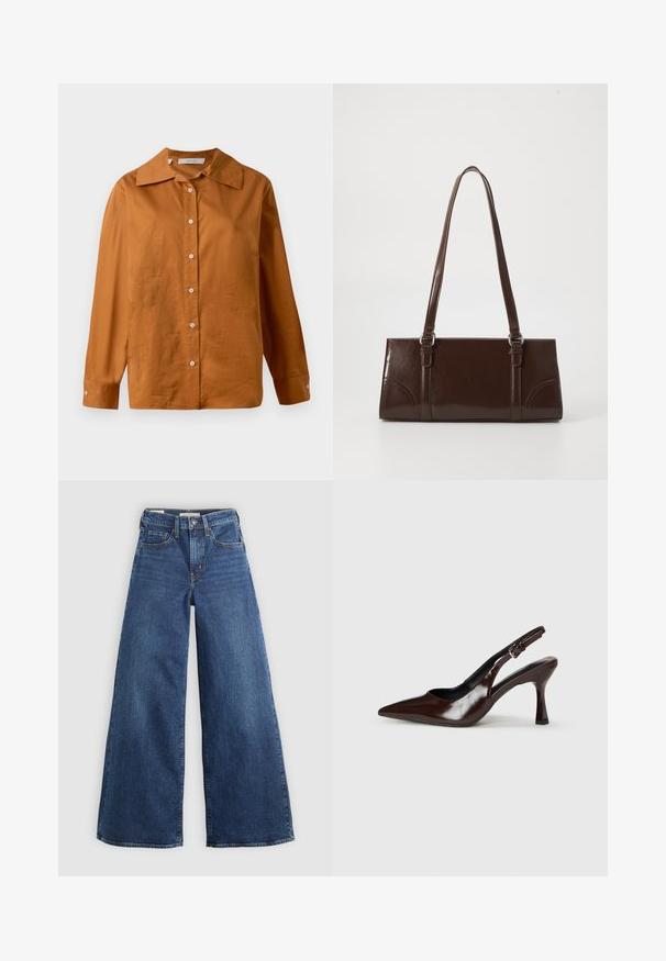 Langærmet, knap-op skjorte i rustbrun med bred krave og hvide knapper, præsenteret mod en hvid baggrund.; Bredde jeans i blå denim med fem lommer, knaplukning og kontraststing, der har en blød og tekstureret overflade.; Brune patenterede læderslingback-sandaletter med spids tå, en tynd hæl og justerbar rem med en lille spænde.; Brun lakeret håndtaske med rektangulær form, to lange håndtag og subtile buede detaljer på fronten.
