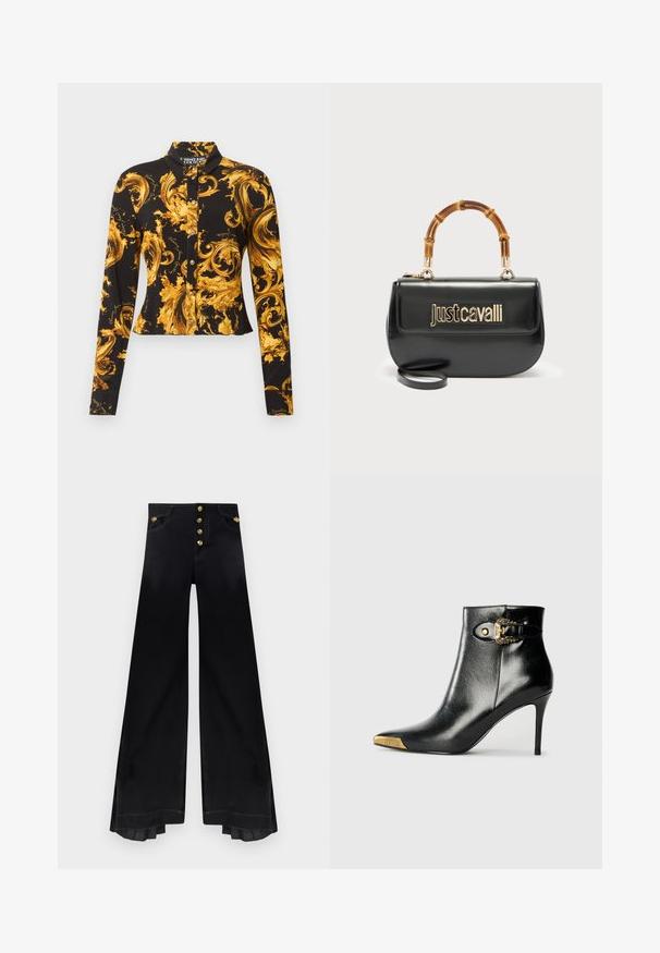 Sort tætsiddende skjorte med lange ærmer med knapper, dekoreret med gyldne barokke snirkler og "Versace Jeans Couture" tekstmønstre.; Højtaljede sorte bukser med vide ben, fem guldknapper og plisserede detaljer inde i kanten.; Sort ankelstøvle lavet af skinnende læder med spids tå, stilet hæl og guldfarvet hardware med en dekorativ spænde-detalje.; Sort læderhåndtaske med guld "Just Cavalli"-logo foran og buet bambushåndtag, med aftagelig lang rem.
