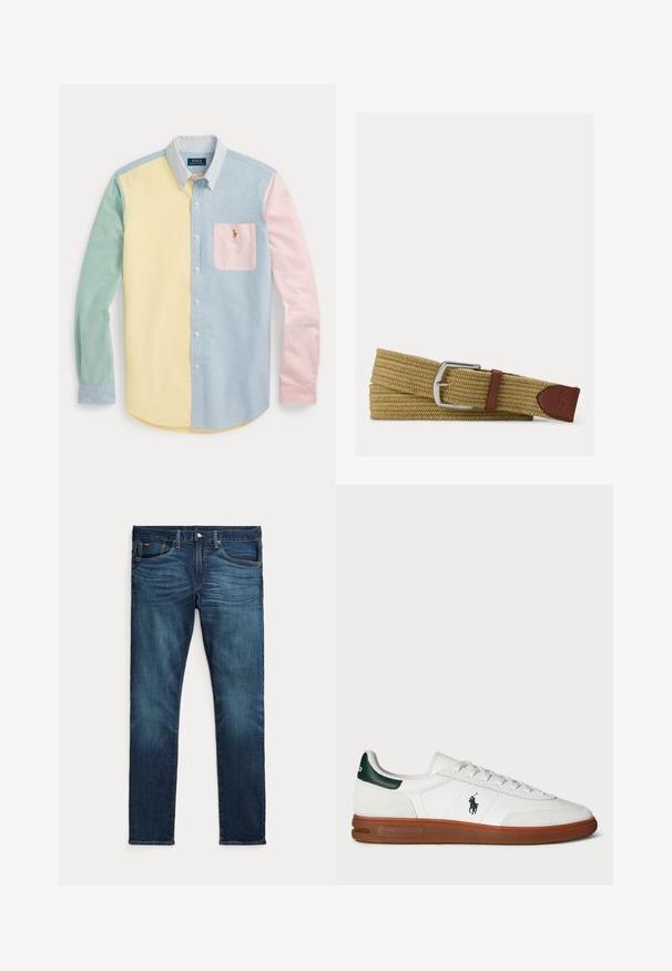 Langärmeliges Hemd mit Knopfverschluss im Color-Block-Design in Pastellgelb, Grün, Blau und Rosa, mit gestreiftem Kragen und Brusttasche mit Logo.; Dunkelblaue Slim-Fit-Jeans mit vorderem Knopf und Reißverschluss, fünf Taschen sowie dezenter Verfärbung an den vorderen Oberschenkeln und Knien.; Weiße Leder-Sneaker mit grünem Fersenakzent, strukturiertem Wildleder-Paneel, Gummisohle und besticktem Logo an der Seite. Verfügt über ein Schnürdesign.; Geflochtener hellbrauner Stoffgürtel mit silberner Metallschnalle und braunen Lederakzenten, einschließlich eines aufgenähten Logopatches am Ende.