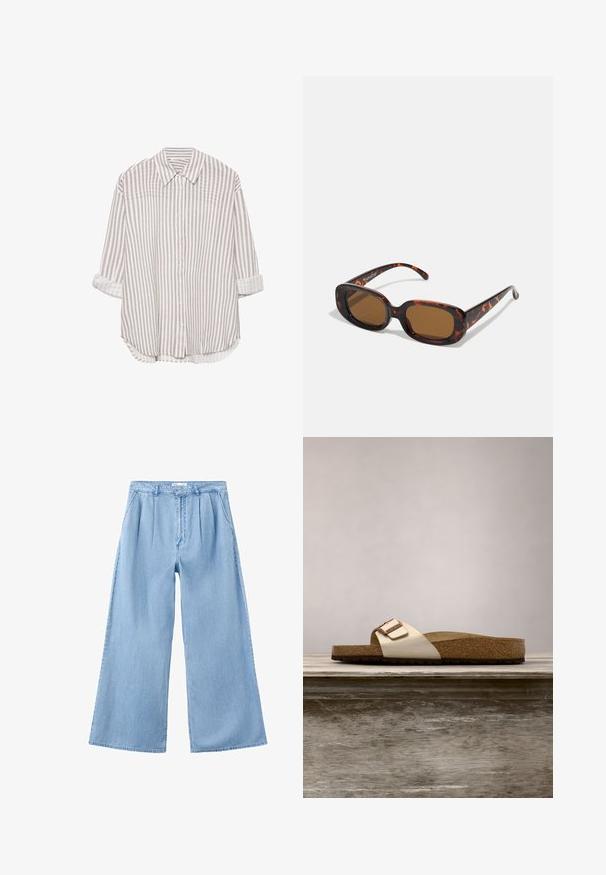 Langærmet skjorte med knapper, lodrette beige og hvide striber, spidst krave og opviklede manchetter på hvid baggrund.; Lyseblå denimbukser med vide ben, frontplisser, sidelommer og en linning med bæltestropper.; Sandal med slide-design, der har en let metallisk overdel, korkfodbed og tekstureret brun gummisål. Spænde detalje med logoaccent.; Skildpaddefarvede solbriller med rektangulær form, brune linser, glat plastikskelet og tynde stænger med subtile tonale mønstre.