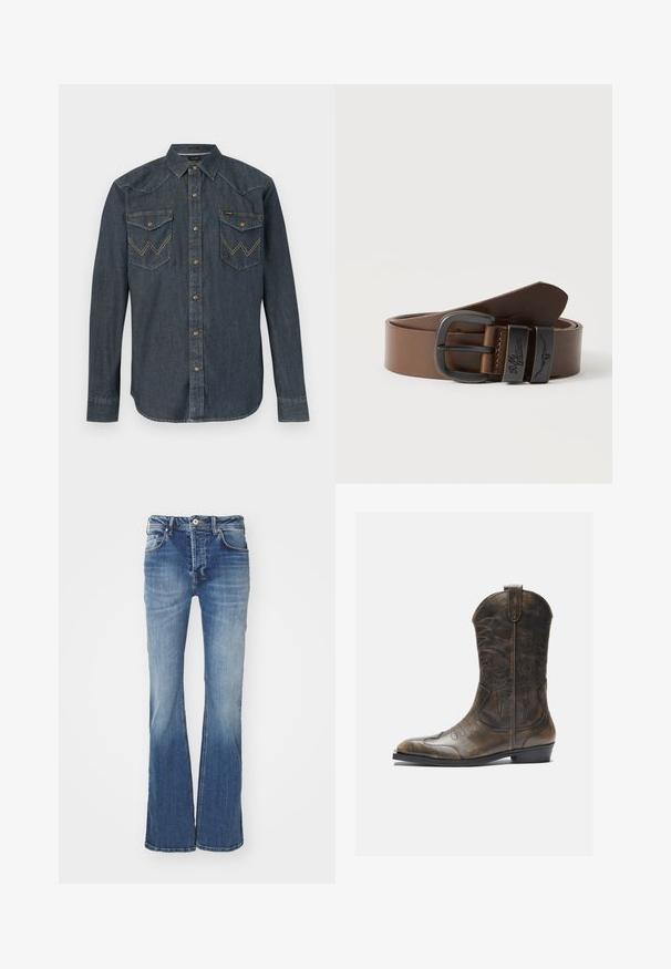 Donkerblauw denim overhemd met lange mouwen, drukknopen, puntvormige kraag en twee voorzakken met klep, voorzien van gestikte "W"-ontwerpen.; Verstekte blauwe denim jeans met een gemiddelde wassing, vijf zakken en een knoopsluiting. Bevat een vervaagd textuur en lichte slijtplekken.; Bruine leren cowboylaars met een hoge schacht, spitse neus, ingewikkelde stikpatronen en een kleine hak. Gevarieerde afwerking overal.; Bruine leren riem met een donkere metalen gesp en twee lussen, één lus gegraveerd met "R.M. Williams" en een longhorn-logo.