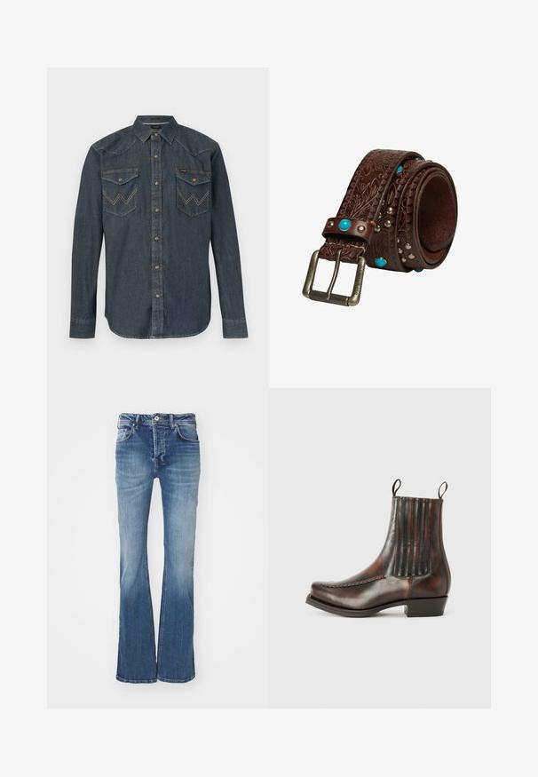 Langærmet mørk denimskjorte med trykknapper, spids krave og to forlommer med klap, begge med broderede "W"-motiver.; Udbredte blå denim jeans med mellem vask, fem-lomme design og knaplukning. Har en falmet tekstur og let udtværing.; Brun læder ankelstøvle med en glat overflade, elastiske sidepaneler, en rund tå, dekorativ syning og en lav blokhæl.; Brunt læderbælte med præget blomsterrelief, sølvspænde indgraveret med "Superdry" og turkis- og sølvnitteudsmykninger.