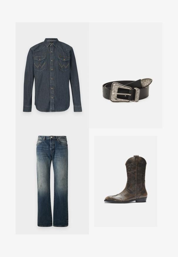 Donkerblauw denim overhemd met lange mouwen, drukknopen, puntvormige kraag en twee voorzakken met klep, voorzien van gestikte "W"-ontwerpen.; Donkerblauwe wijde spijkerbroek van denim. Kenmerkt zich door vervaagde details, een traditionele vijf-pocketontwerp en een metalen knoopsluiting bij de taille.; Bruine leren cowboylaars met een hoge schacht, spitse neus, ingewikkelde stikpatronen en een kleine hak. Gevarieerde afwerking overal.; Zwarte leren riem met een ornate zilveren gesp, voorzien van ingewikkelde gravures en een decoratieve punt, die de textuur en ambacht benadrukt.