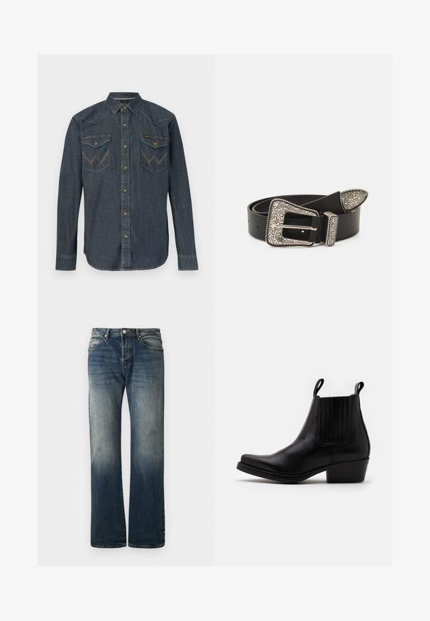 Langærmet mørk denimskjorte med trykknapper, spids krave og to forlommer med klap, begge med broderede "W"-motiver.; Mørkeblå vide denimjeans. Har en falmet detalje, traditionelt fem-lomme design og en metal knaplukning i taljen.; Kentucky's Western Cowboy- / bikerstøvlette - black; Sort læderbælte med en udsmykket sølvspænde med indviklede graveringer og en dekorativ spids, der fremhæver tekstur og håndværk.