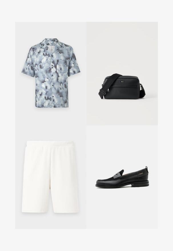 Kurzärmeliges Hemd mit Knopfverschluss, weiter Kragen und Brusttasche in einem blau-grauen abstrakten Wolkenmuster.; Weiße, gerippte Shorts mit einem elastischen Bund, die einen geraden Schnitt und eine weiche Textur aufweisen, geeignet für den Freizeitgebrauch.; Schwarzer Lederloafer mit grauem Riemendetail, niedrigem Absatz und strukturierter Sohle, seitlich mit „HUGO“ in Gold gebrandmarkt.; Schwarze, strukturierte Leder-Crossbody-Tasche mit vorderer Reißverschlusstasche und verstellbarem breitem Stoff-Schulterriemen auf weißem Hintergrund.