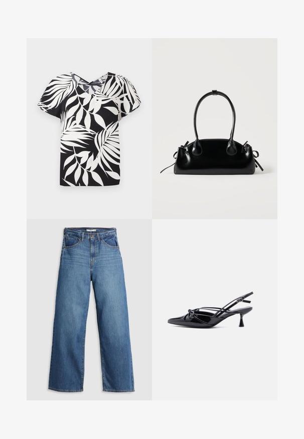 Blusa negra de manga corta con patrón de hojas blancas, con un diseño de escote en V y tela texturizada.; Jeans de mezclilla azul de pierna ancha con cintura alta, que cuentan con cinco bolsillos, costuras en contraste y cierre de cremallera.; Zapato de salón slingback de charol negro con punta afilada, tacón bajo tipo kitten, y detalle decorativo de lazo anudado en la parte delantera.; Pequeño bolso negro brillante con dos asas largas y detalles de cordón lateral sobre un fondo claro liso.