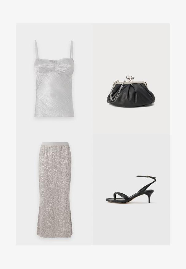Sølv satin camisole med tynde stropper, krøllet tekstur og tætsiddende form. Har buede sømme og en rund halsudskæring.; Knælang sølvfarvet nederdel med pailletten, der har en tætsiddende talje og vertikale shimmer-mønstre samt sideslids for nem bevægelse.; Sort damesandal i læder med tynde remme, en tå-loop, ankelspænde og en mellemhøj stiletthæl på en neutral baggrund.; Sort læder clutch med samlet tekstur, sølvfarvet metalramme, kys-lås lukning og kædestrop. Glat, blød overflade.