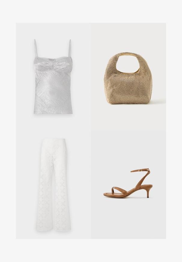 Camisole en satin argenté avec des bretelles fines, texture froissée et coupe ajustée. Comprend des coutures courbées et un col arrondi.; Pantalons évasés blancs en tissu texturé présentant un motif en diamant. La taille est lisse, sans matériel ou accents visibles.; Sandale en cuir marron avec lanières, talon bas en forme de petit escarpin et bride à la cheville avec une petite boucle, vue de côté sur un fond uni.; Petit sac à main doré recouvert de clous ronds brillants avec une poignée courte et une découpe rectangulaire en haut.