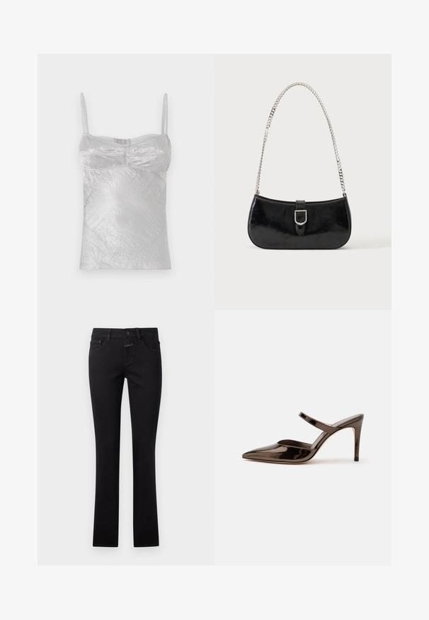 Sølv satin camisole med tynde stropper, krøllet tekstur og tætsiddende form. Har buede sømme og en rund halsudskæring.; Sort jeans lavet af denim, med en tætsiddende design, knaplukning og traditionel fem-lomme stil. Glat tekstur med let stræk.; Skinnende mørkebrune mule med spids tå og høje hæle med en tynd rem over foden på en ensfarvet hvid baggrund.; Sort skuldertaske i laklæder med sølv spænde og sølv kæderem, vist mod en ensartet lys baggrund.