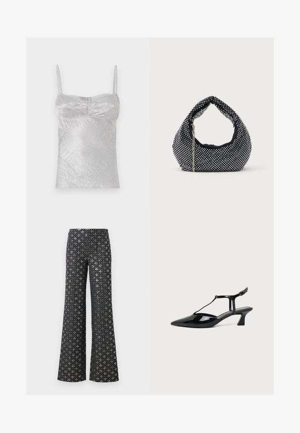 Zilveren satijnen top met dunne banden, gekreukte textuur en een getailleerde vorm. Heeft gebogen naden en een ronde halslijn.; Zwarte wijde broek met een sequined textuur en zilveren accenten, die een patroon over de hele stof creëert.; Zwarte pumps van lakleer met spits toelopende neus, T-strap en lage schuine blokhak op witte achtergrond.; Zwarte mesh handtas versierd met zilveren studs, met een gebogen handvat en een kettingschouderriem. Zachte textuur met een ronde vorm.