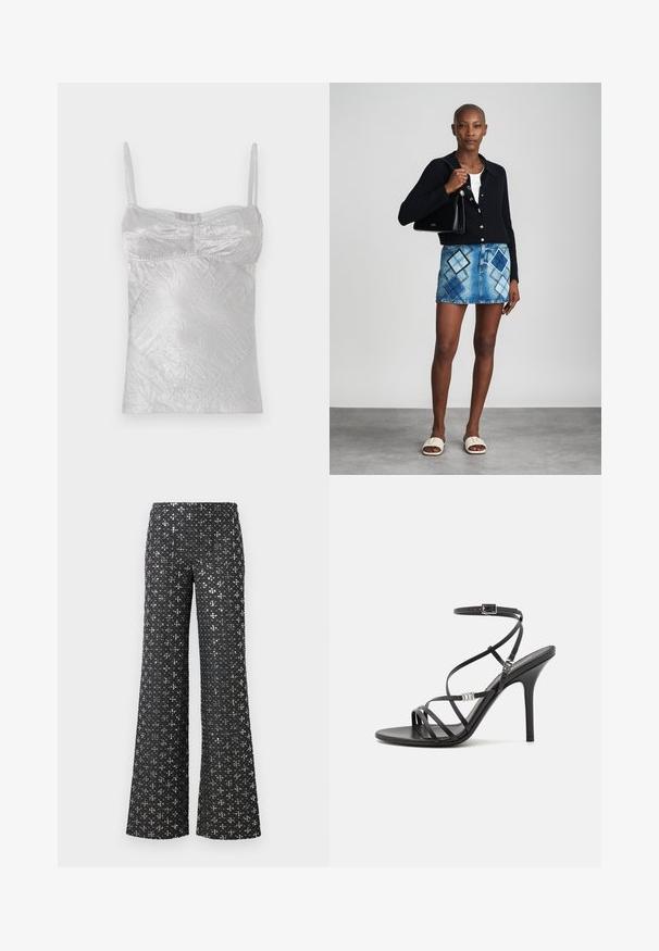 Zilveren satijnen top met dunne banden, gekreukte textuur en een getailleerde vorm. Heeft gebogen naden en een ronde halslijn.; Zwarte wijde broek met een sequined textuur en zilveren accenten, die een patroon over de hele stof creëert.; Zwarte hoge hakken sandaal met dunne banden, een enkelgesp, een gladleren oppervlak en een slanke stilettohak.; Zwarte gebreide cardigan, witte top, denimrok met blauw en zwart ruitpatroon, zwarte handtas en beige instapsandalen.
