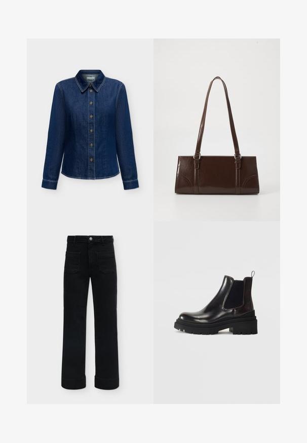 Chemise en denim bleu foncé à manches longues avec boutons sur le devant et col, coutures visibles et étiquette de marque à l'intérieur de l'encolure.; Pantalon noir taille haute à jambe droite, avec poches plaquées devant, passants de ceinture, fermeture par bouton et ourlets retroussés sur un fond uni.; Tamaris Bottines - merlot; Sac à main en cuir verni marron de forme rectangulaire, avec deux longues poignées et des accents courbés subtils à l'avant.
