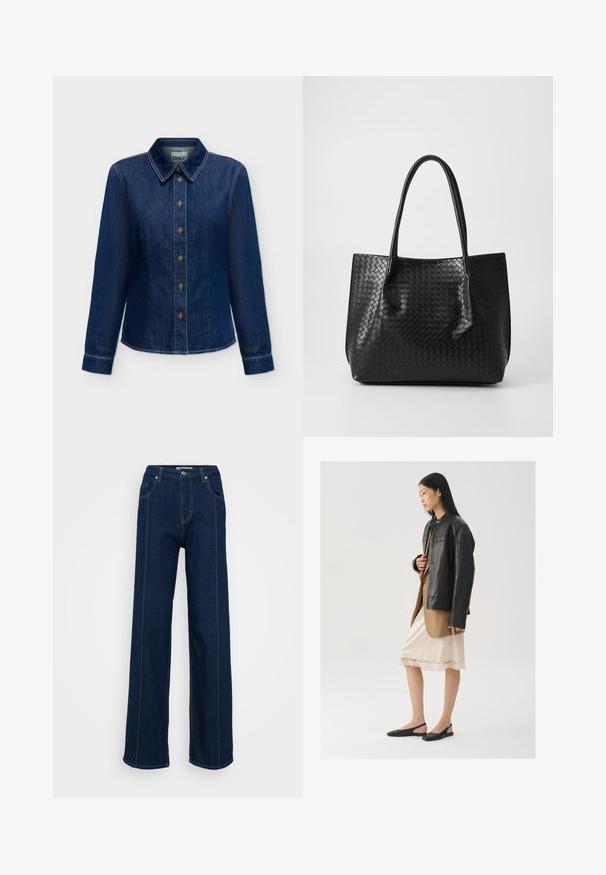 Dunkelblaues Denim-Hemd mit langen Ärmeln, Knopfleiste vorne und Kragen, sichtbaren Nähten und Markenlabel innen am Kragen.; Dunkelblaue High-Waist weit geschnittene Jeans mit vorderen Taschen, Gürtelschlaufen und kontrastierenden Nähten auf einem schlichten hellen Hintergrund.; Schwarze Lederjacke über einem braunen Oberteil, kombiniert mit einem hellen cremefarbenen Slip-Kleid mit Spitzenbesatz und schwarzen Slingback-Schuhen.; Schwarze geflochtene Ledertasche mit zwei Griffen, strukturierte Form und subtiler glänzender Oberfläche vor einem schlichten hellen Hintergrund.