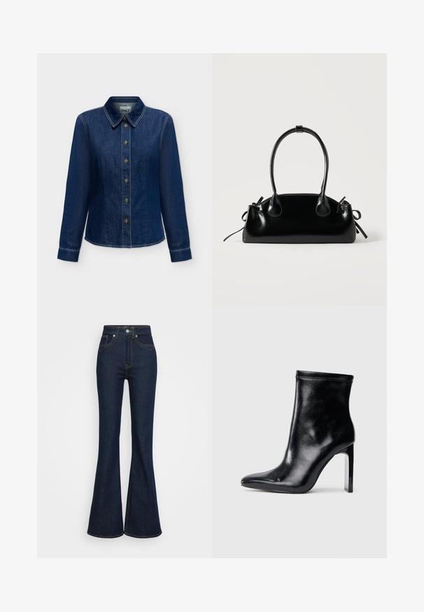 Donkerblauw denim shirt met lange mouwen, knopen aan de voorkant en kraag, zichtbare stiksels en merklintje binnen in de hals.; Donkerblauwe hoge taille spijkerbroek met uitlopende pijpen, voor- en achterzakken, zilveren knoopsluiting en oranje stikdetails.; Zwarte leren enkellaars met een spitse neus en hoge doorzichtige hak. Gleed tekstuur en minimale stikseldetails op het bovenmateriaal.; Kleine zwarte glanzende handtas met twee lange hengsels en zijkant trekkoord details op een effen lichte achtergrond.