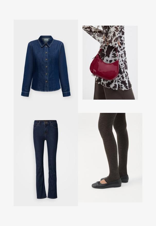 Mørkeblå denim langærmet skjorte med knapper foran og krave, synlige syninger og mærkelabel inde i nakkestykket.; Mørkeblå denim jeans med lige ben-design, fem-lomme stil og lys syning. Linningen har en metal-knap lukning.; Ben iført mørke ribbede leggings kombineret med sorte balletsko med små sløjfedetaljer på hvid baggrund.; Kvinde iført en sort- og hvidmønstret bluse, der holder en blank rød skuldertaske mod en ensfarvet baggrund.