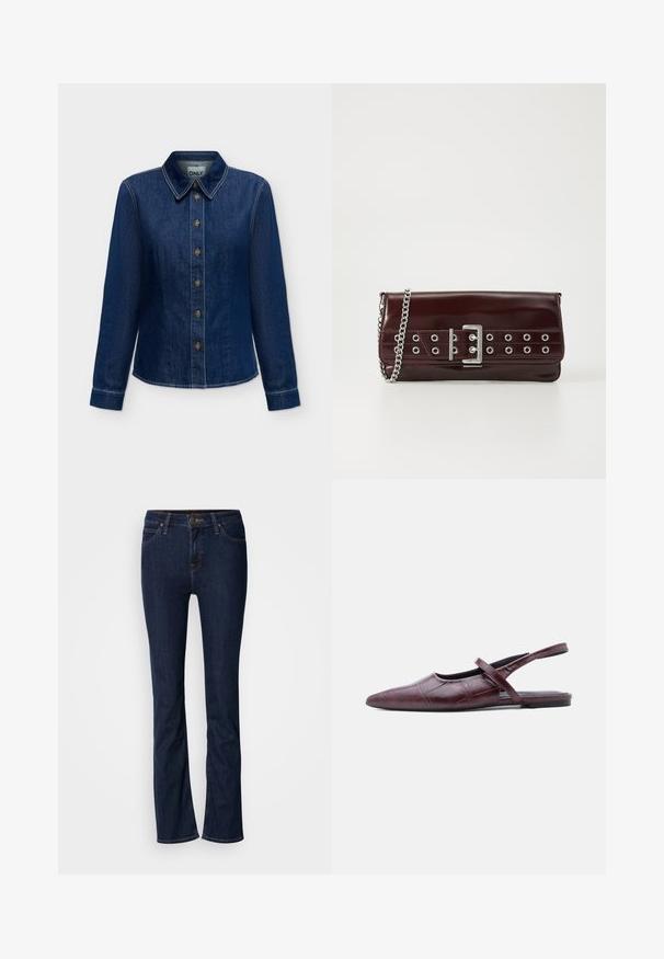 Mørkeblå denim langærmet skjorte med knapper foran og krave, synlige syninger og mærkelabel inde i nakkestykket.; Mørkeblå denim jeans med lige ben-design, fem-lomme stil og lys syning. Linningen har en metal-knap lukning.; Bourgognefarvet læder flad slingback-sko med spids tå og tynd rem over vristen mod ensfarvet baggrund.; Bordeaux farvet faux læder clutch med en sølv kædestrop, der har et spænde design og metaløjer over fronten for ekstra detaljer.