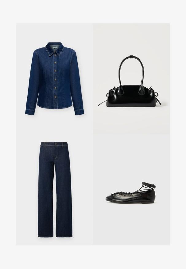 Chemise en denim bleu foncé à manches longues avec boutons sur le devant et col, coutures visibles et étiquette de marque à l'intérieur de l'encolure.; Jean large en denim de couleur bleu foncé avec un design classique à cinq poches, présenté avec des coutures dorées et une fermeture à bouton à la taille.; Ballerines en cuir verni noir avec un bout rond, un design à lacets et une semelle plate. Texture lisse avec peu de détails.; Petit sac à main noir brillant avec deux longues anses et des détails à cordon sur les côtés sur un fond clair uni.