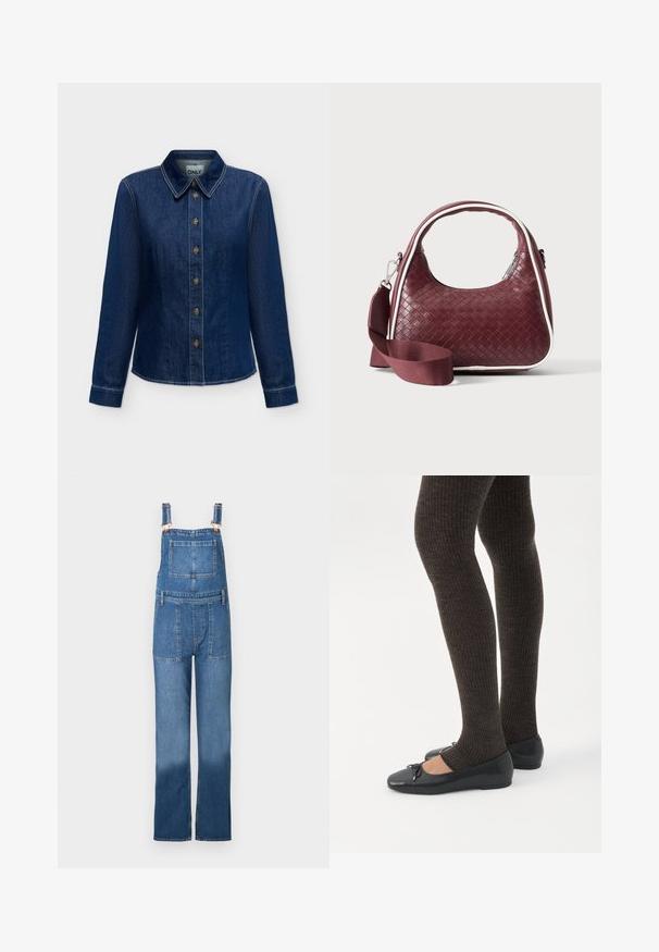 Chemise en denim bleu foncé à manches longues avec boutons sur le devant et col, coutures visibles et étiquette de marque à l'intérieur de l'encolure.; Salopette en denim avec bretelles ajustables, poches avant et arrière, et une coupe ample à jambes droites. Couleur : bleu moyen avec un effet délavé.; Jambes portant des leggings côtelés foncés associés à des ballerines noires avec de petits détails en nœud sur fond blanc.; Sac à main en cuir tressé marron foncé avec poignée courbée, garniture blanche, fermeture éclair argentée et bandoulière large en tissu amovible sur fond uni.