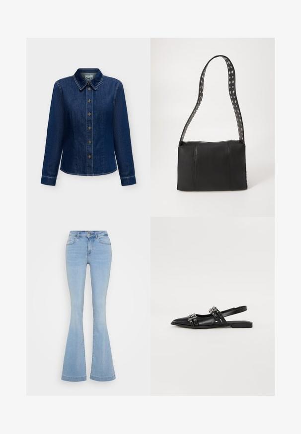 Donkerblauw denim shirt met lange mouwen, knopen aan de voorkant en kraag, zichtbare stiksels en merklintje binnen in de hals.; Lichtblauwe flare jeans van denim, met een hoge taille, vijf zakken en contrasterend stiksel langs de naden.; Even&Odd by Zalando Slingback ballerina´s - black; Zwarte leren handtas met een rechthoekige vorm, voorzien van een ritsluiting en een stippenriem. Gladde textuur, minimale stiksel details.