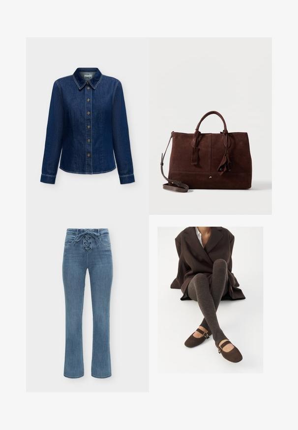 Chemise en denim bleu foncé à manches longues avec boutons sur le devant et col, coutures visibles et étiquette de marque à l'intérieur de l'encolure.; Jean bleu taille haute avec un détail lacé à l'avant et deux poches, coupe jambe droite, présenté sur un fond blanc uni.; Des chaussettes marron côtelées jusqu'aux genoux associées à des ballerines en daim marron de type Mary Jane avec une sangle décorative et une boucle, portées avec un manteau sombre.; Sac à main en daim marron foncé avec doubles poignées, bandoulière amovible, détails cousus et pompons décoratifs en cuir sur fond blanc.