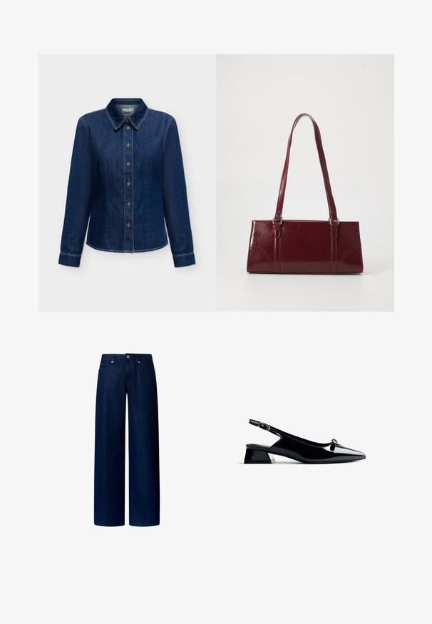 Camisa de mezclilla azul oscuro de manga larga con botones en la parte delantera y cuello, costuras visibles y etiqueta de la marca dentro del escote.; Pantalones vaqueros de pierna ancha en tela de mezclilla en azul marino. Cuentan con un cierre de botón y bolsillos frontales, con una textura suave y un diseño minimalista.; Zapato slingback negro de charol con punta afilada y tacón bajo cuadrado, con un detalle en plata. Diseño elegante con un mínimo de adornos.; Bolso burdeos hecho de material brillante, de forma rectangular, con dos asas para el hombro y sutiles acentos curvados en la parte frontal.