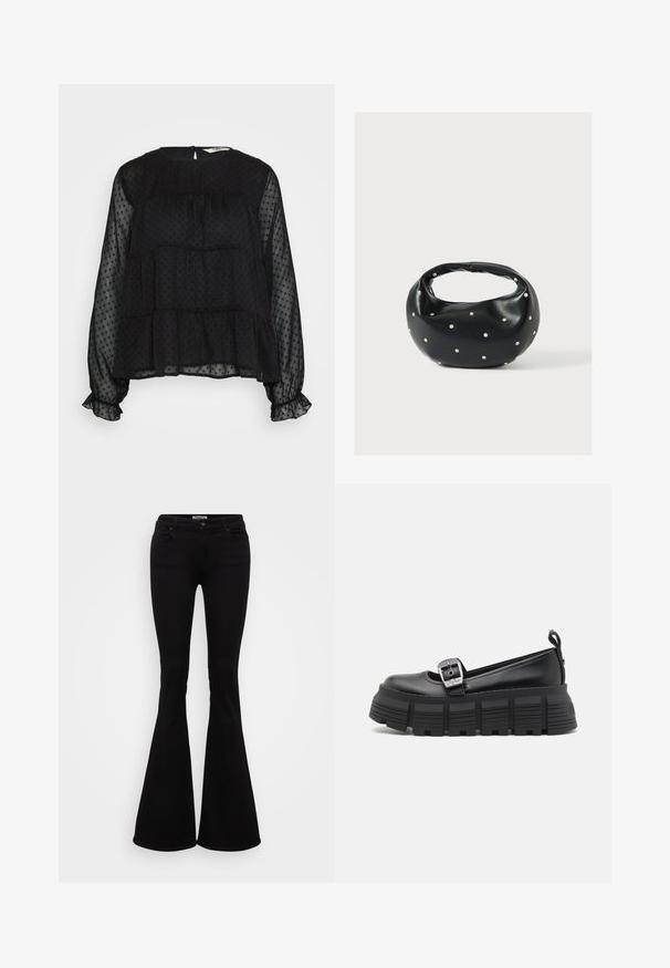 Blouse noire transparente avec texture à pois, manches longues bouffantes, poignets volantés et un col rond avec une fermeture à bouton au dos.; Jean flare noir en denim extensible, avec une taille ajustée, des poches avant et arrière, et un bouton de fermeture à la taille.; Mocassins à plateforme noirs avec un bout rond, tige en cuir lisse, boucle réglable et semelle en caoutchouc texturée présentant des rainures horizontales.; Sac à main en cuir noir de forme arrondie, décoré de clous argentés et équipé d'une poignée courte. Texture lisse et fermeture éclair.