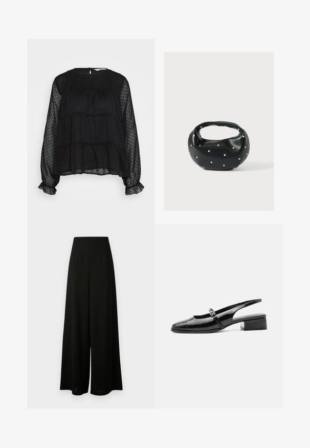 Schwarze durchsichtige Bluse mit gepunkteter Textur, langen Puffärmeln, gerafften Manschetten und einem runden Halsausschnitt mit Knopfverschluss hinten.; Vero Moda Tall VMLIVA SUPER WIDE PANTS - Stoffhose - black; Schwarzer Slingback-Schuh aus Lackleder mit niedrigem Blockabsatz und dünnem Riemen mit silberner Schnalle oben.; Schwarze Lederhandtasche mit abgerundeter Form, verziert mit silbernen Nietenakzenten und kurzem Griff. Glatte Struktur und Reißverschlussverschluss.