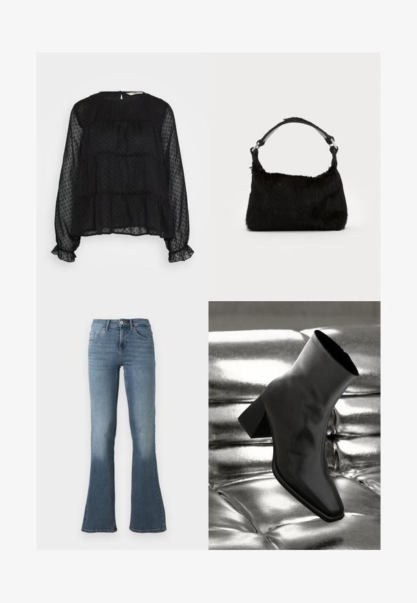 Sort gennemsigtig bluse med prikket tekstur, lange puffede ærmer, flæser ved håndleddene og en rund halsudskæring med knaplukning bagpå.; Lyseblå jeans i denim med høj talje, knap- og lynlåslukning, lommer foran og bagpå samt vide ben.; Sorte ankelstøvler lavet af glossy materiale med firkantet tå og spidse hæle, sat mod en skinnende sølv tuftet baggrund.; Sort faux fur håndtaske med en blød tekstur, rund form og en robust skulderrem i sort læder. Synlige sølvhardware-detaljer.