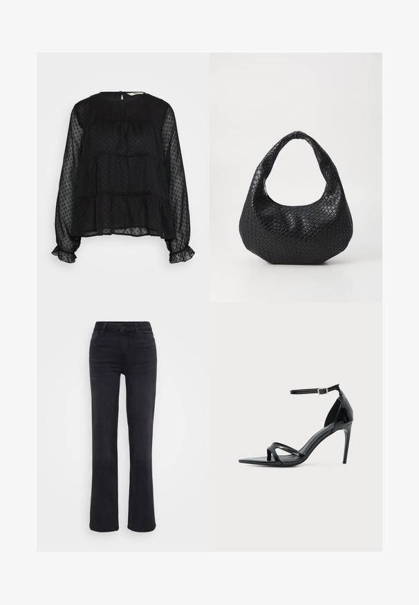 Blouse noire transparente avec texture à pois, manches longues bouffantes, poignets volantés et un col rond avec une fermeture à bouton au dos.; Jean en denim noir à coupe droite, avec une fermeture à bouton à l'avant, cinq poches et des détails de couture subtils.; Sandale à talon haut en cuir verni noir avec fine bride à la cheville, bout ouvert et design minimaliste sur fond clair uni.; Sac à main tissé noir avec une poignée courbée, présentant une surface texturée et une forme décontractée. Fini lisse avec une silhouette organique.