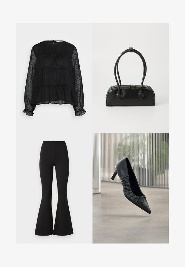 Blouse noire transparente avec texture à pois, manches longues bouffantes, poignets volantés et un col rond avec une fermeture à bouton au dos.; Leggings noirs évasés en tissu extensible, dotés d'une taille haute et d'une texture lisse, s'évasant vers le bas avec un large flare au niveau des chevilles.; Escarpin en cuir noir à talon haut avec bout pointu et texture froncée sur la tige. Finition lisse ; hauteur de talon modérée.; Sac à main en cuir noir avec deux anses allongées, fermeture éclair et forme arrondie ; texture lisse avec une finition légèrement brillante.