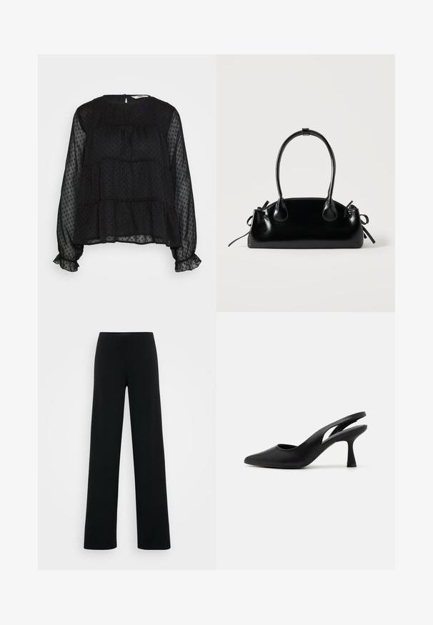 Sort gennemsigtig bluse med prikket tekstur, lange puffede ærmer, flæser ved håndleddene og en rund halsudskæring med knaplukning bagpå.; Vero Moda Tall VMBERLIN ZAMIRA WIDE - Bukser - black; Sorte slingback hæle med spids tå, lavet af glat læder. Har et udskåret design og en robust, aftrappet hæl.; Lille sort blank håndtaske med to lange håndtag og snøre-detaljer i siden på en ensfarvet lys baggrund.