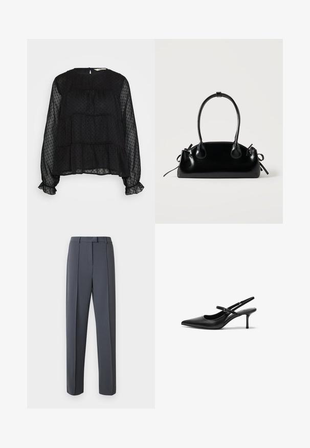Blouse noire transparente avec texture à pois, manches longues bouffantes, poignets volantés et un col rond avec une fermeture à bouton au dos.; Un pantalon gris sur mesure présente une coupe droite, un devant plissé et une texture lisse. La ceinture est équipée de passants pour une adaptation ajustable.; Talons aiguilles noires en cuir avec un bout pointu, une fine bride réglable, et un talon aiguille d'environ 5 cm, texture lisse.; Petit sac à main noir brillant avec deux longues anses et des détails à cordon sur les côtés sur un fond clair uni.