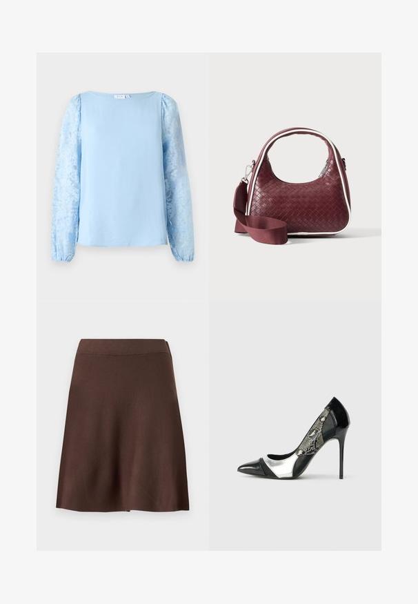 Blouse à manches longues bleu clair avec manches en dentelle florale transparente et encolure ronde.; Jupe A-line marron avec une taille élastique, texture tricotée lisse et légère évasement au bas, sur un fond clair uni.; Pompe à talon aiguille noire et argentée avec un bout pointu, dotée d'un panneau latéral en maille avec un motif serpent et un talon effilé élégant.; Sac à main en cuir tressé marron foncé avec poignée courbée, garniture blanche, fermeture éclair argentée et bandoulière large en tissu amovible sur fond uni.