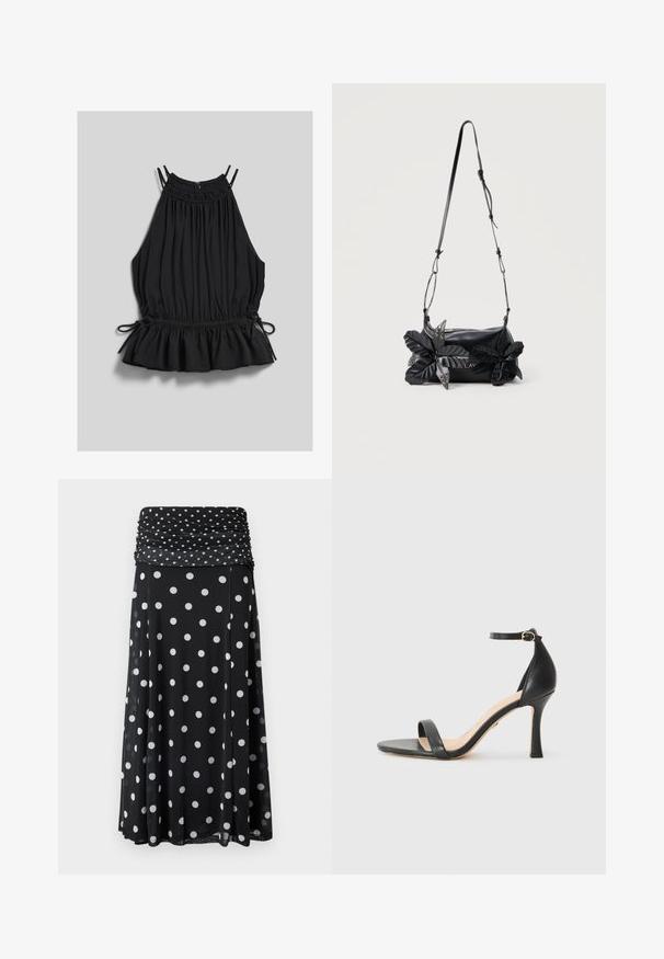 Haut sans manches noir à col halter avec tissu froncé, taille élastique avec liens latéraux et ourlet à volants sur fond gris clair.; Jupe noire avec une ceinture froncée et plissée, ornée de pois blancs et d'un design fluide. Fabriquée en tissu léger.; Sandale à talons hauts en cuir noir avec une fine bride de cheville, bout ouvert et un talon élégant et courbé. Semelle texturée et design minimaliste.; Sac à bandoulière en cuir noir avec sangle réglable et deux grandes fleurs décoratives en cuir noir avec œillets métalliques sur le devant.