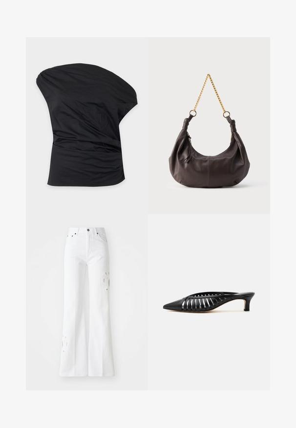 Zwarte asymmetrische one-shoulder top met zachte plooien aan de zijkant, gemaakt van gladde stof.; Witte flared jeans van denim, met een hoge taille, subtiele uitsnijdingen en vijf-pocket styling. Metalen knoop en ritsluiting.; Zwarte leren mule met puntige neus, riemdesign met uitsnijdingen en lage kittenhiel op een witte achtergrond.; Zachte donkerbruine leren schoudertas met geknoopte uiteinden en een korte gouden kettingriem, tegen een effen lichte achtergrond.