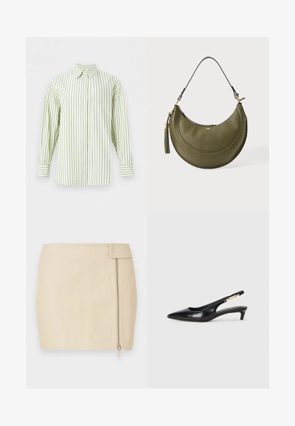 Chemise crème à manches longues avec fines rayures verticales bleues, fermeture avant à boutons et col pointu, présentée sur un fond blanc.; Mini-jupe en cuir beige à la coupe ajustée, dotée d'une fermeture éclair latérale et d'un bouton. Texture lisse avec des détails de couture.; Talons hauts en cuir noir avec un bout pointu, dotés d'un talon fin et d'un accent en ton or sur la lanière réglable. Texture lisse.; Sac à main en cuir vert olive en forme de croissant, avec une seule bandoulière, des éléments dorés et un grand pompon suspendu sur le côté gauche.
