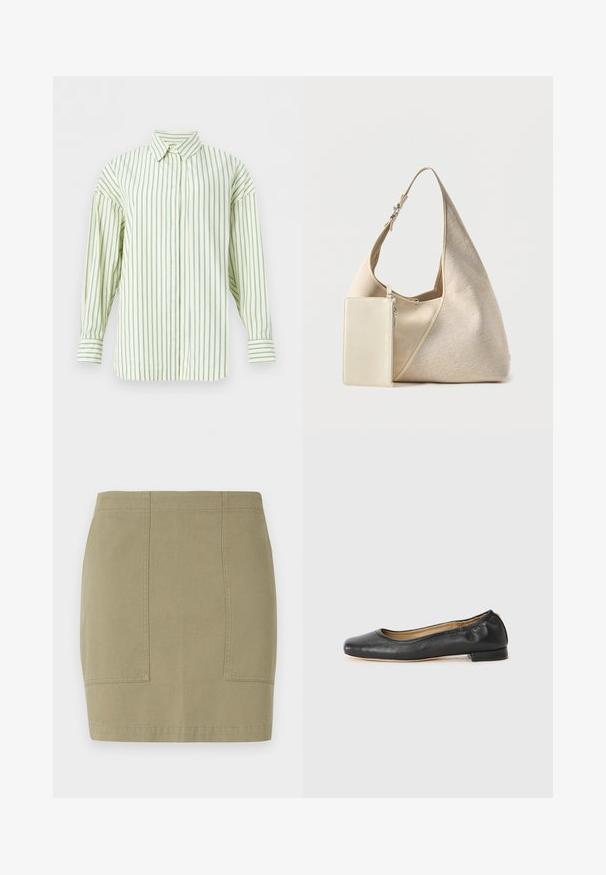 Chemise crème à manches longues avec fines rayures verticales bleues, fermeture avant à boutons et col pointu, présentée sur un fond blanc.; Jupe en coton mélangé, de couleur vert olive, arrivant au genou, avec des poches latérales et des coutures nettes. Texture lisse et silhouette ajustée.; Ballerines en cuir noir avec un bout arrondi et des coutures minimales. Talon bas et rectangulaire avec une texture lisse. Détails subtils de doublure intérieure.; Sac hobo en tissu beige avec bandoulière réglable et petite pochette rectangulaire zippée assortie attachée.
