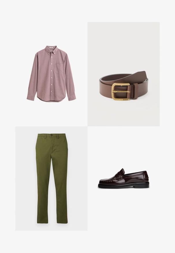 Camisa de manga larga con pequeño patrón de cuadros rojos y blancos, cuello con botones y bolsillo en el pecho sobre fondo liso.; Pantalones de algodón verde oliva, diseño de pierna recta, cierre de botón, con trabillas para cinturón y bolsillos laterales, textura suave, sin estampados.; Mocasines de cuero marrón con un acabado brillante, que presentan costuras decorativas, una correa sobre el empeine y una suela de caucho plana.; Cinturón de cuero marrón enrollado con una hebilla rectangular dorada grabada con la palabra "BOSS" sobre un fondo blanco.