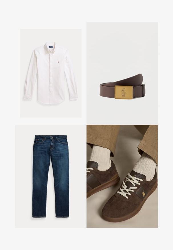 Hvid langærmet skjorte med tynde lodrette striber og lille broderet logo på brystet, vist fladt på lys baggrund.; Mørkeblå denimjeans med let falmning på lår og lommer, knap- og lynlåslukning samt design med fem lommer, lagt fladt på hvid baggrund.; Brune ruskindssneakers med hvide snørebånd båret med beige ribstrikkede sokker og lysebrune bukser.; Brunt læderbælte med et rektangulært guldbæltespænde, der har en hævet Polo-spiller på hest, der holder en mallet.