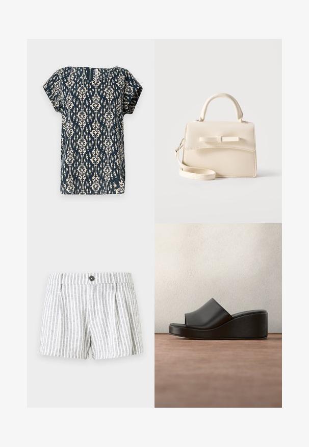 Mørkeblå kortærmet bluse med et cremefarvet blomster-damask mønster. Har en firkantet neckline og et diskret struktureret stof.; Stribede shorts i lys grå og hvid, med knappelukning, plissee foran og et blødt, tekstureret stof.; Sort læder platformslidesandal med åben tå og Anna Field-logo på indersålen, vist mod en sløret mørk baggrund.; Lille beige håndtaske med top-håndtag, aftagelig rem, forreste klap og dekorativ vandret sløjfe på en ensfarvet baggrund.
