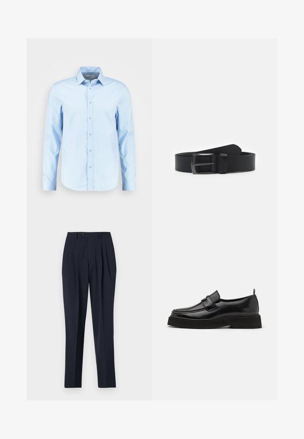 Camisa de botones de manga larga de color azul claro, hecha de tela suave, con un cuello puntiagudo, tapeta frontal y dobladillo redondeado.; Pantalones de marine con cintura alta, frente plisado y cierre de botón único. La tela parece suave con un ajuste entallado y un diseño de pierna recta.; Zapatos estilo mocasín de cuero negro con suela plana y texturizada, con puntera cosida y una correa a lo largo del empeine.; Cinturón de cuero negro con una textura suave, que presenta una hebilla de metal en tono plateado y un diseño clásico. Longitud ajustable, estilo minimalista.
