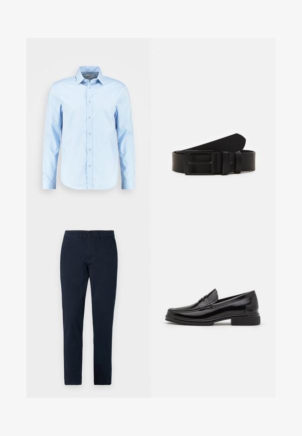 Svetlomodrá košeľa s dlhými rukávmi, vyrobená z hladkej tkaniny, s ostrým golierom, prednou légou a zaobleným lemom.; Pánske čierne nohavice slim fit s predným zapínaním na gombík a zips, s pútkami na opasok a bočnými vreckami.; Čierne kožené mokasíny s okrúhlou špičkou, s prešitím cez vrchnú časť a nízkym blokovým podpätkom. Hladká textúra a lesklý povrch.; Čierny kožený opasok zvinutý s matným čiernym obdĺžnikovým kovovým prackou a s dvoma pútkami na bielom pozadí.