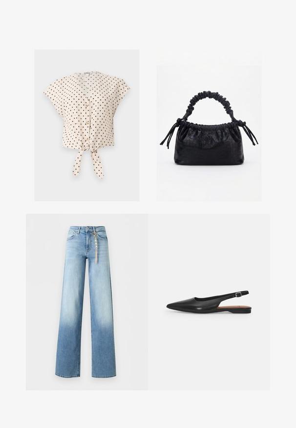 Blouse beige à manches courtes avec pois noirs, boutons sur le devant, col en V et détail de nœud noué à l'ourlet.; Jean bleu clair à jambes larges avec décoloration aux cuisses, style cinq poches, fermeture par bouton et zip, et un accessoire chaîne dorée suspendu à une boucle de ceinture.; Chaussure slingback en cuir noir avec un bout pointu, un léger éclat et une bride de cheville réglable. Talon plat avec une semelle intérieure marron.; Sac à main noir avec texture crocodile, bord supérieur froncé, poignée plissée et pompons à cordon de chaque côté sur fond blanc.